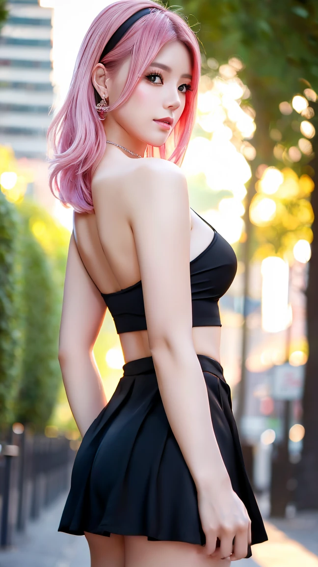 1 girl, 最high quality, masterpiece, High resolution, Pink Hair, Black mini skirt, Hair accessories, necklace, jewelry, Beautiful Face, Big Ass、Panties、I'm looking forward to, Full Body View, Realistic, Outdoor, modern square, Two-tone lighting, (Skin with attention to detail: 1.2), 8K Ultra HD, Digital SLR, Soft Light, high quality, Volumetric Light, Frank, photograph, High resolution, 4K, 8k, Background Blur