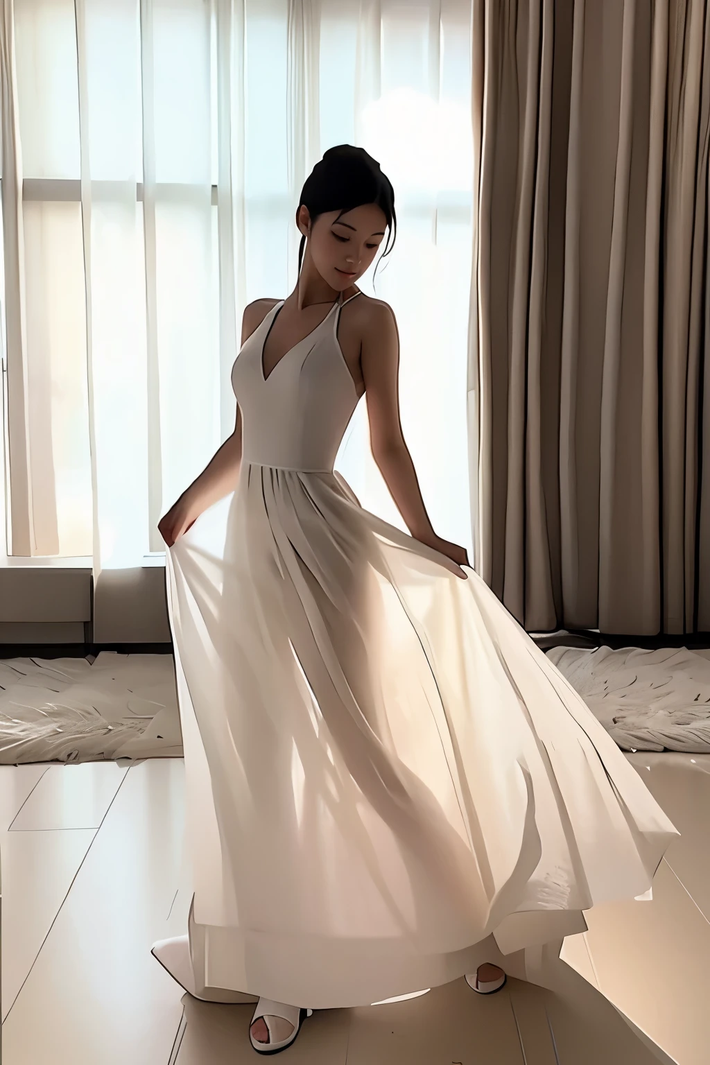 (masterpiece, best quality:1.2), 1girl, solo, delicate face, white-skinned female, see-through silhouette, white dress, full body, indoor