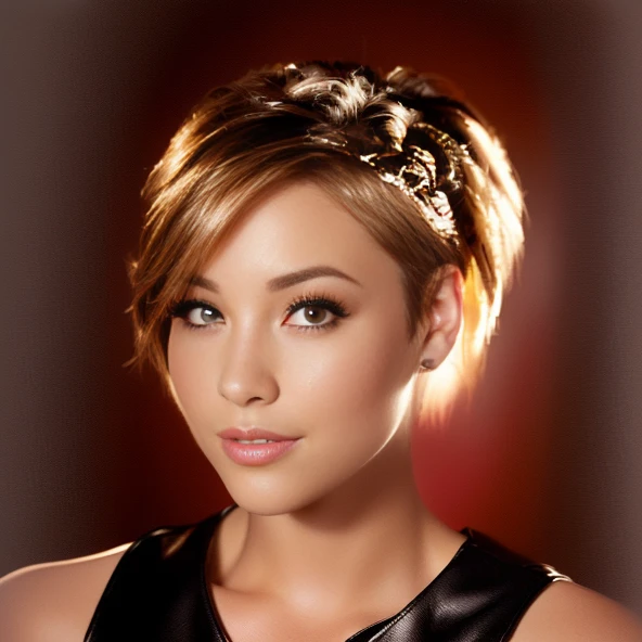 Portait of a beutiful short hair woman, eue liner, short pixie hair, low cut top, crop top, mini leather skirt