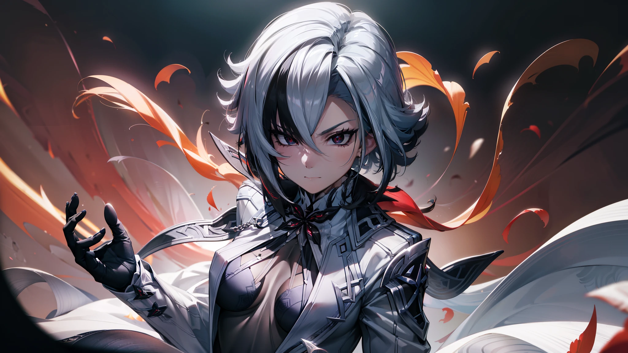 woman, in her twienties, short hair, proportional hands, Arlecchino anime eyes, perfect body, medium breasts, white coat, wearing black leggings, Ultra HD, 4k image, image of best quality, (fidelity: 1.4), photoreal, Red eyes, eyelashes, beautiful pupil, red shadows, reasonable facial features, natural poses, 1 girl, standing, fully dressed, serious face, very detailed face, high quality face, 4k, tired face, small dark circles eyes