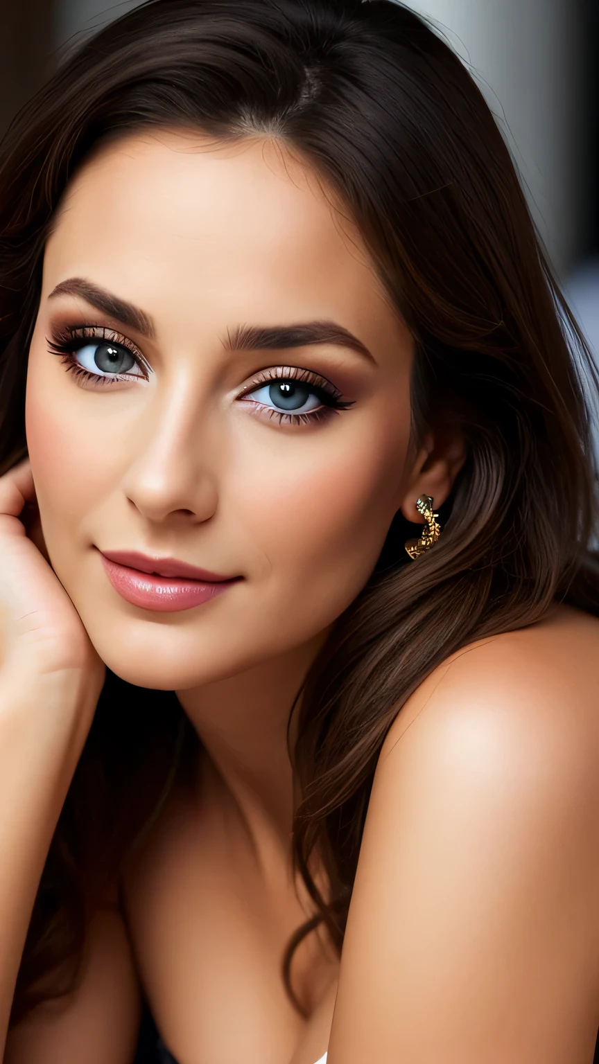 Spanish beautiful woman, 19 Jahre alt dunkles Make-up, hyperdetaillierte Fotografie, Sanftes Licht, dunkles Make-up,, best quality, (detailed beautiful face, Detail der Hautstruktur, ultra-detailed body:1.1),, riesige perfekte Brust, ((nackte perfekte Brust)),,, helle Dame, reifen, braune Augen, Augen detailliert perfekt