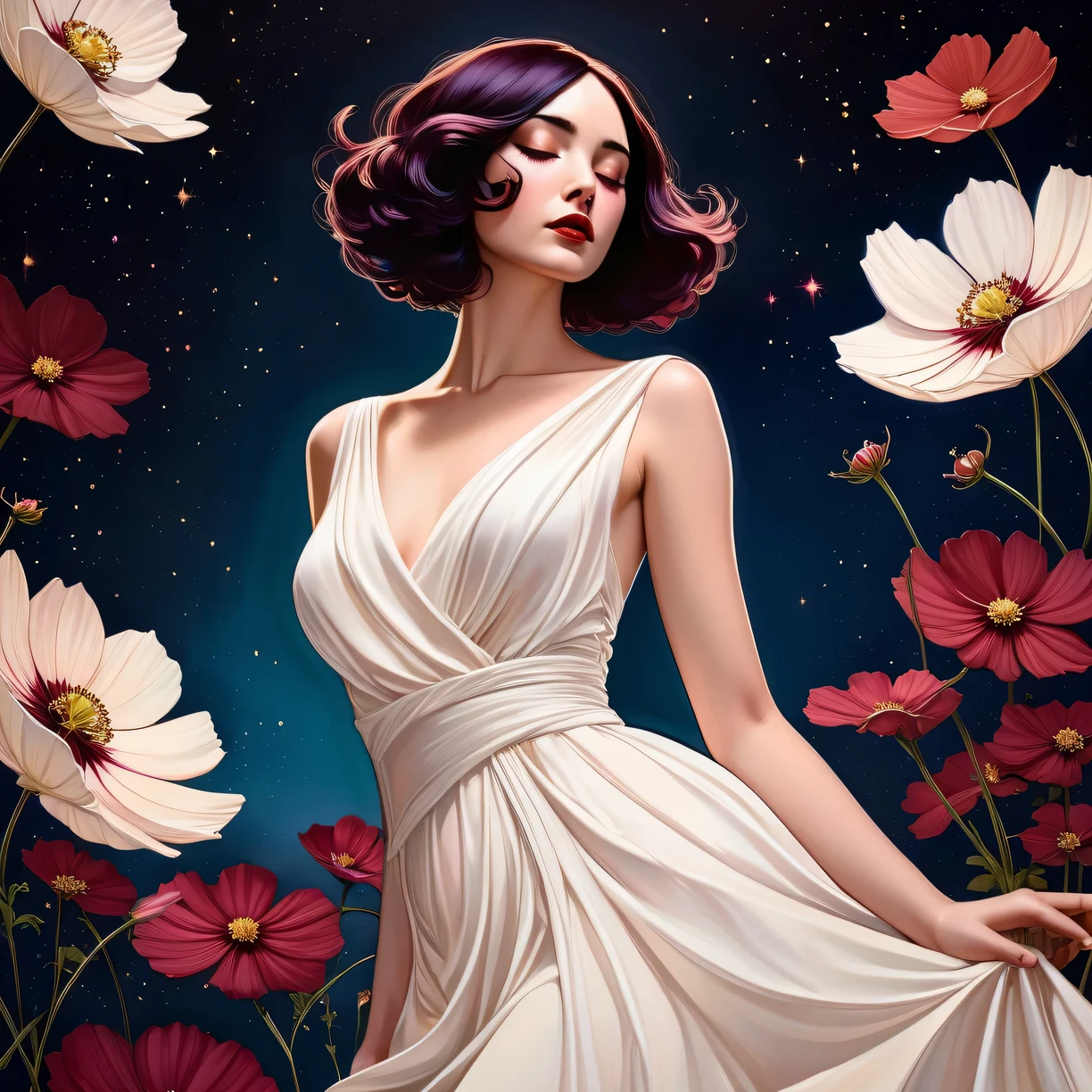 chiaroscuro technique on sensual illustration of an elegant , retro and vintage white dress ,Chocolate Cosmos (Cosmos atrosanguineus) around body, matte painting, by Hannah Dale, by Harumi Hironaka, extremely soft colors, vibrant, pastel, highly detailed, digital artwork, high contrast, dramatic, refined, tonal, golden ratio,
