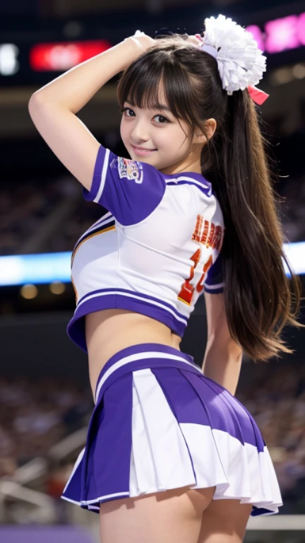 highest quality, masterpiece, Ultra-high resolution, (Realistic:1.4), RAW Photos, One girl, Most popular Japanese idols, Wearing only colorful cheerleading uniforms, Cheerleading at the stadium, From below, Dynamic Pose, The best smile, ((Similar to Nogizaka46's Erika Ikuta)), Very beautiful big black eyes, Very beautiful medium-long black hair, Very beautiful thighs, Very beautiful arms, Upturned buttocks, View your viewers, Detailed colorful cheerleading uniforms,((Buckshot))、((Non-NSFW works))