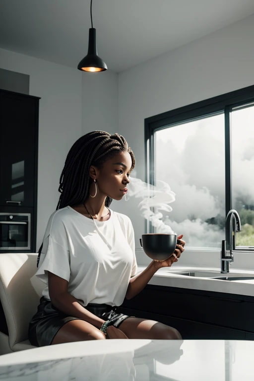 Imagine a beautiful black woman sitting in her sleek, modern kitchen. On the countertop sits a bowl of mushrooms. Next to it, there's a minimalist white mug filled with rich, dark coffee. But what makes it unique is the swirl of white misty smoke rising from the coffee in the cup