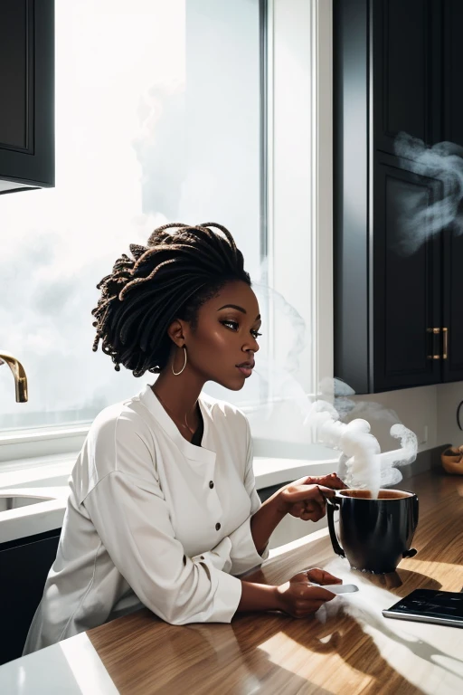 Imagine a beautiful black woman sitting in her sleek, modern kitchen. On the countertop sits a bowl of mushrooms. Next to it, there's a minimalist white mug filled with rich, dark coffee. But what makes it unique is the swirl of white misty smoke rising from the coffee in the cup