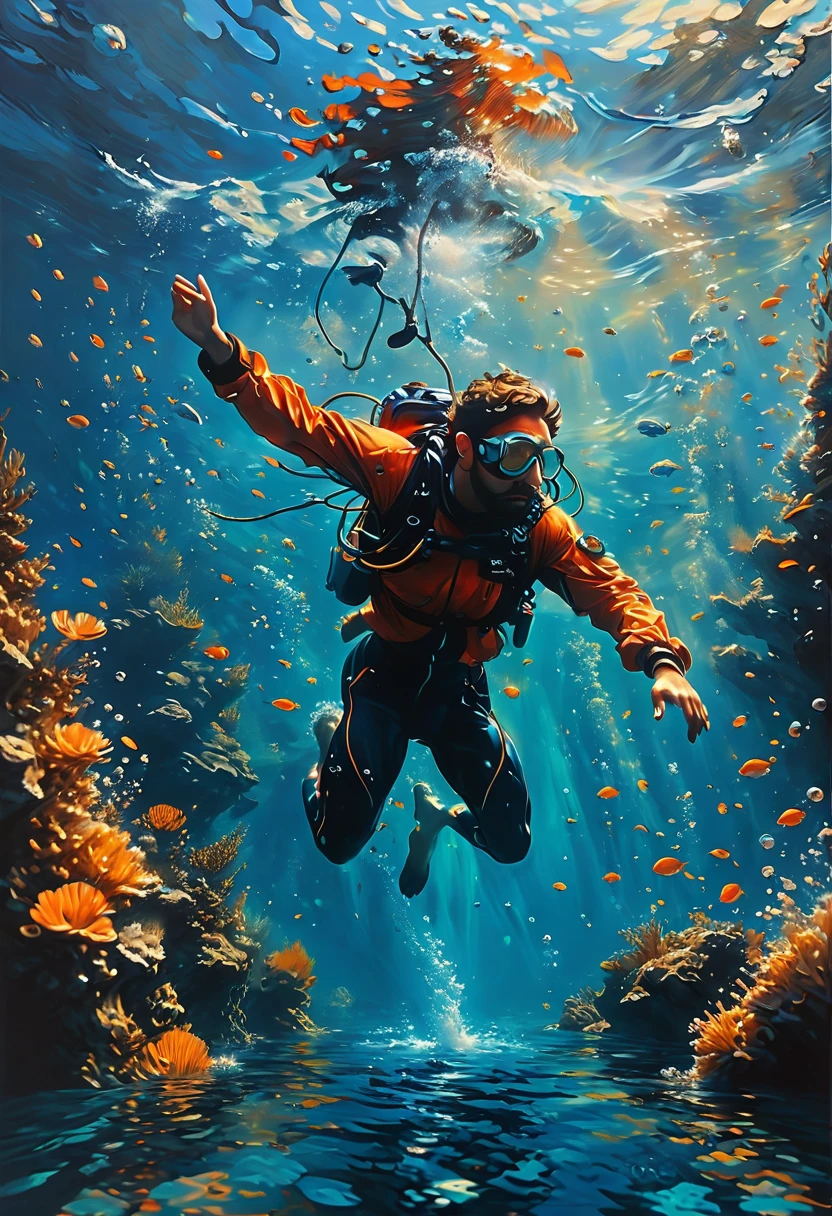 Diving man, underwater, by Alena Aenami, best quality, masterpiece, very aesthetic, perfect composition, intricate details, ultra-detailed
