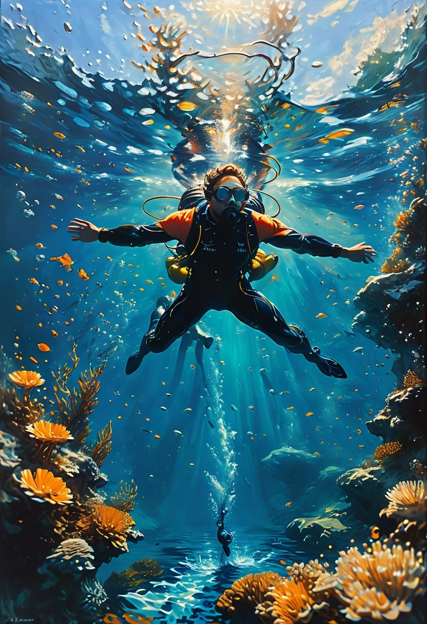 Diving man, underwater, by Alena Aenami, best quality, masterpiece, very aesthetic, perfect composition, intricate details, ultra-detailed