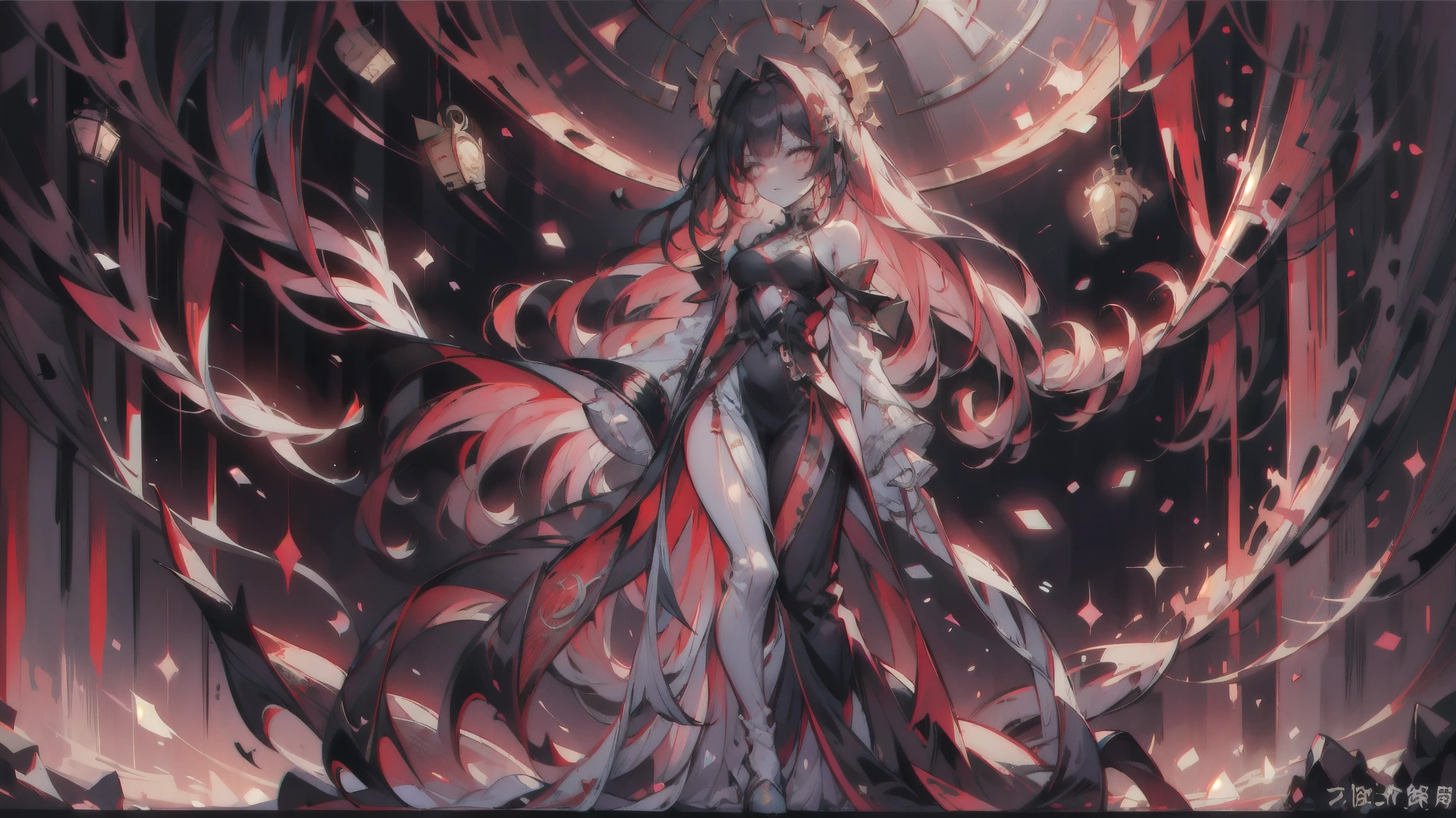 A vertical aspect, full-body image of a standing anime girl about 20-22 years old, designed to embody the style of a dark, magical city. Her attire is elegant, in white and gold, adorned with intricate glowing runes and patterns reminiscent of the city's architecture. Her long, flowing hair, styled like the city's spires, is tinged with chromatic aberrations and glitches, enhancing her surreal, otherworldly appearance. Her eyes are clear yet fierce, reflecting the deep darkness of a tar-black prism, adding to her eerie, captivating presence. Her overall look is corroded by intense glitches and chromatic aberrations, symbolizing time and space desynchronization. She expresses a mix of sarcastic anger and deadly calm, adding depth to her character. There must be glowing shattered clock with rim numbers on them in the background.