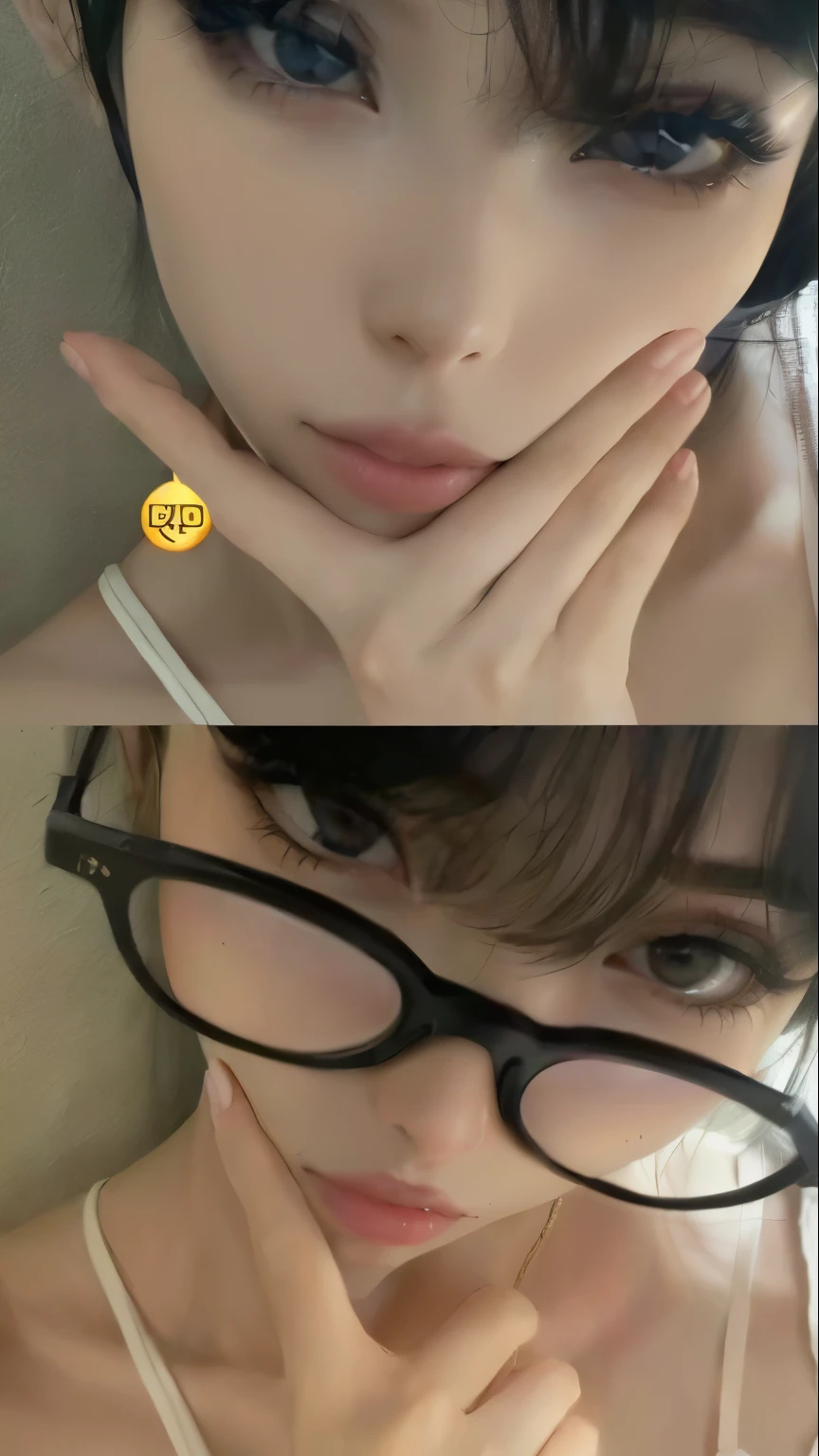 there are two photos of a woman with glasses, Jimin\the right eyelid is swollen, olhos do quarto, com lindos olhos apaixonados, franja romba cai na testa, ela tem um rosto fofo, grandes olhos redondos e fofos, ela tem cabelo preto com franja, Olhos sensuais, dilraba dilmurat, ela tem um rosto fofo e expressivo, Ulzzang