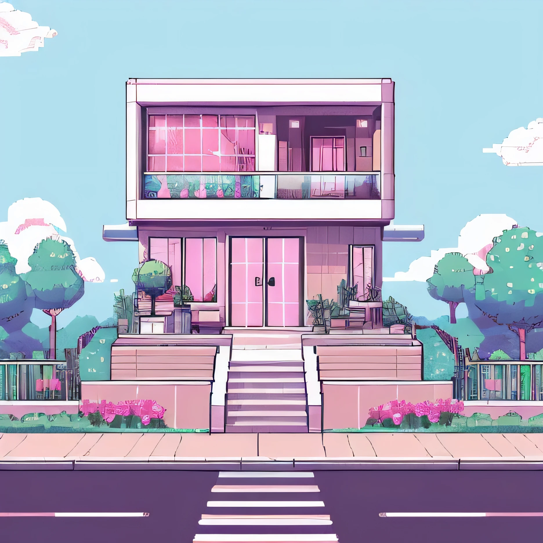 Create a beautiful scene featuring a modern house in pixel art style with a subtle pink retro-futuristic atmosphere, set during the day. Add a charming terrace in front of the house, adorned with some greenery. Incorporate a street in front of the house to enhance the urban setting. Use a front-view perspective reminiscent of classic Pokémon games to evoke nostalgia. ensure it is a front view, and that the house is modern