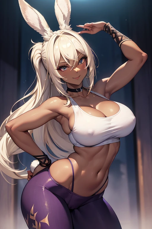 (masterpiece), best quality, highly detailed faces, (SHARP details), 4k, highly detailed, expressive eyes, SHARP detail expressive eyes, (SHARP detail perfect face), ((dark skin)), (bunny ears), (viera), ((platinum blonde hair)), (choker) amber eyes, long and wild hair, (mature woman), (big breasts), smiling, (dancing), both hands on own hips, ((hip sway)), ass shake, toned body, standing, (wearing white tank top), (wearing purple yoga pants), ((solo)), ((shaking ass)), (((view from front))), cameltoe,