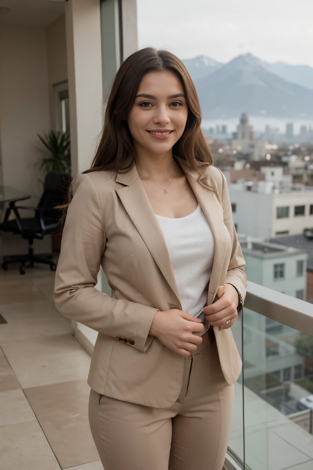 Upper body photo of brown-eyed BRUNETTE woman in a beige blazer and white business shirt and beige business suit standing with big smile, in a European-style luxury home, Business Clothes, Panoramic view of the city, Foto RAW, pele altamente detalhada ,8k UHD, DSLR, soft lighting, alta qualidade, filmic grain, Fujifilm XT3.