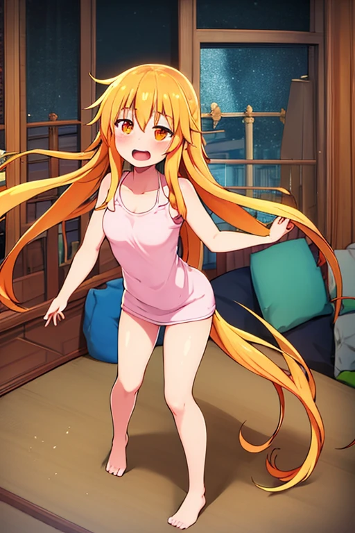 ((highest quality)), ((masterpiece)), (be familiar with), Perfect Face, indoor, Bedroom, Watching the audience,
One woman, Thor,
Open Mouth, Ecstatic expression, blush, smile,
Small breasts, Flat Chest, Young Girl, , , Girl,
Long Hair, Golden Hair, Orange eyes, Long Hair,
Leg spread,