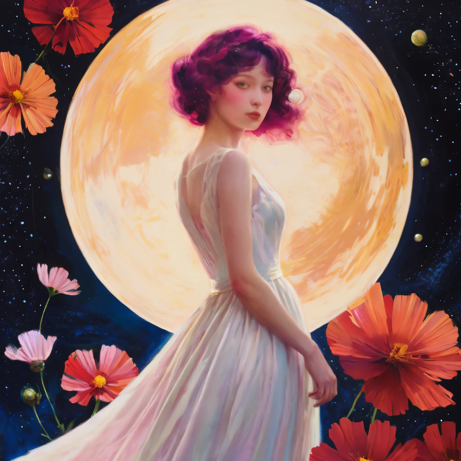 chiaroscuro technique on sensual illustration of an elegant , retro and vintage white dress ,Chocolate Cosmos (Cosmos atrosanguineus) around body, matte painting, by Hannah Dale, by Harumi Hironaka, extremely soft colors, vibrant, pastel, highly detailed, digital artwork, high contrast, dramatic, refined, tonal, golden ratio,