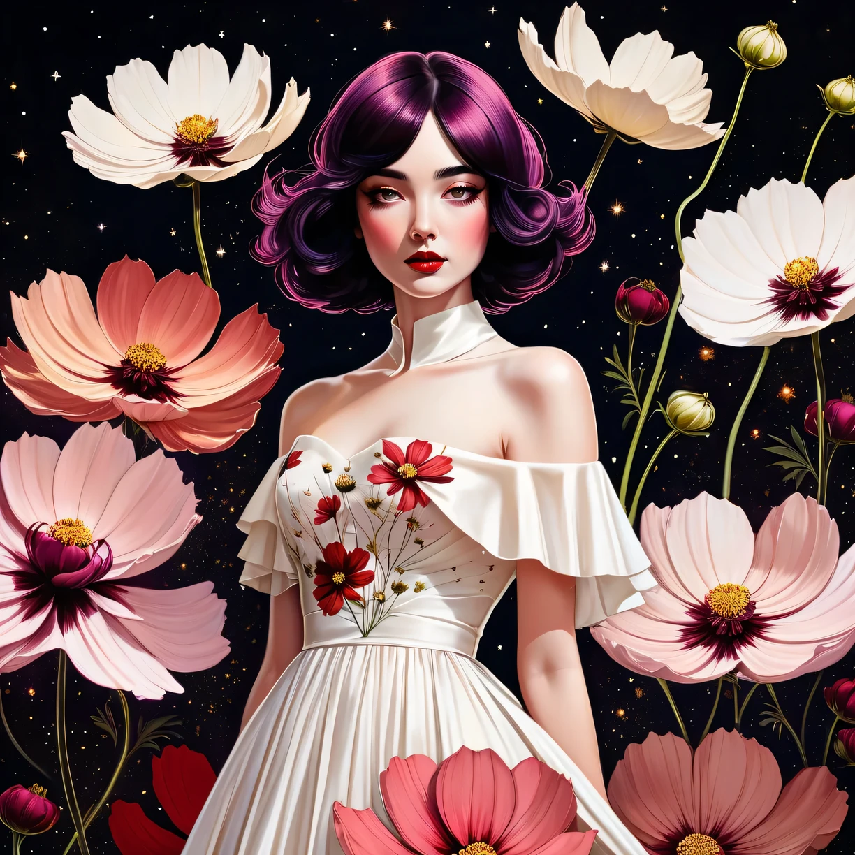 chiaroscuro technique on sensual illustration of an elegant , retro and vintage white dress ,Chocolate Cosmos (Cosmos atrosanguineus) around body, matte painting, by Hannah Dale, by Harumi Hironaka, extremely soft colors, vibrant, pastel, highly detailed, digital artwork, high contrast, dramatic, refined, tonal, golden ratio,