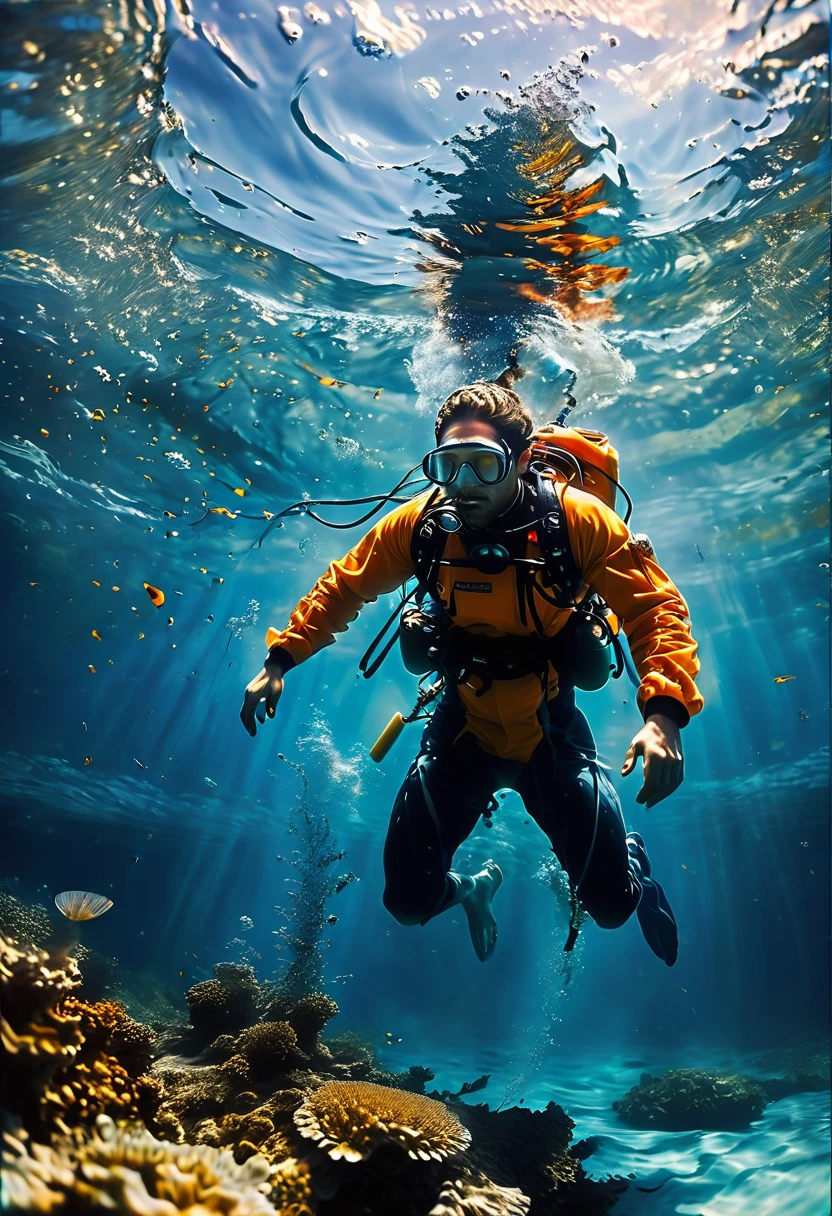 Diving man, underwater, by Josh Adamski, best quality, masterpiece, very aesthetic, perfect composition, intricate details, ultra-detailed