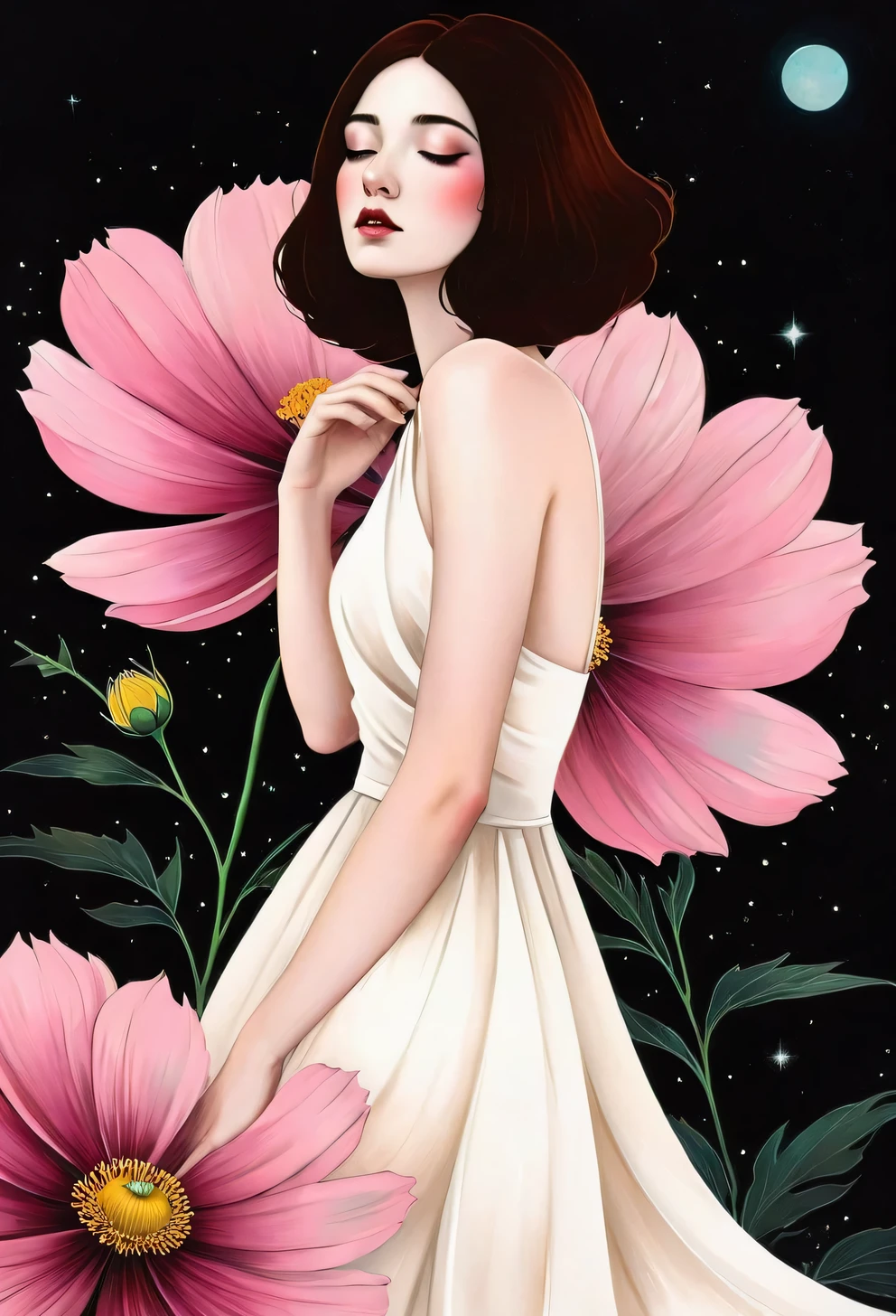 chiaroscuro technique on sensual illustration of an elegant , retro and vintage white dress ,Chocolate Cosmos (Cosmos atrosanguineus) around body, matte painting, by Hannah Dale, by Harumi Hironaka, extremely soft colors, vibrant, pastel, highly detailed, digital artwork, high contrast, dramatic, refined, tonal, golden ratio,