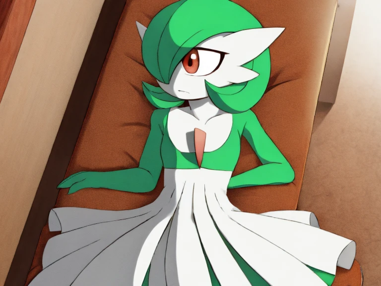 best quality, Gardevoir, pokemon, 1girl, solo, short height, red eyes, green hair, small smile, small mouth, wink, slim, cute, slender body, skinny legs, looking at viewer, blurry background, indoors, in house, full body, slim, ((masterpiece)), best quality, 4k, cinematic lighting, ray tracing, reflected light, panorama, flat chest, high detailed illustration, high detailed background, hi-res, white gardevoir dress, green top, bare legs, bare feet, sitting on bed, legs together