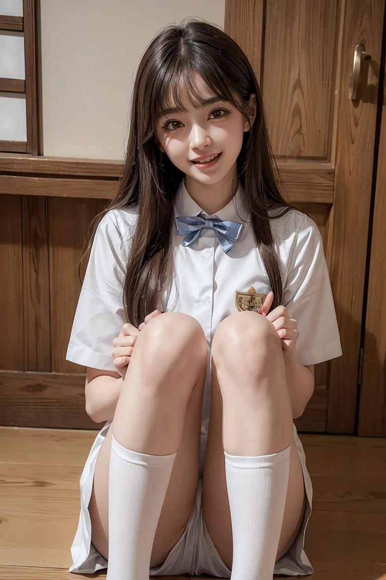 (Hyperreal Stick:1.4), (photoRealstic:1.4), Masterpiece、top-quality、Intense highlights in the eyes、a beautiful detailed girl, extremely detailed eye and face, beatiful detailed eyes, Ridiculous, unbelievable Ridiculous,Cute smile、 ultra-detailliert, hight resolution, ighly detailed, best qualtiy, masuter piece, ((Japan Girls' High School Uniform)), ighly detailed, 8k wallpaper, magnifica, finely detail, masuter piece,, best qualtiy, Very detailed uh uniform 8k wallpaper, Light on the Face、Movie Lighting、a 18 year old girl、((dynamicposes))、(half)、(Sitting on legs with bent kneeedium-hair、long neck、Put your ears out、bangss、big eye、Lashes、Beautiful teeth、kawaii、a very cute
