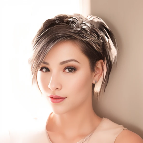 Portait of a beutiful short hair woman, eue liner, short pixie hair, low cut top, crop top, mini leather skirt, full body view