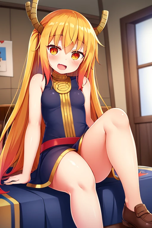 ((highest quality)), ((masterpiece)), (be familiar with), Perfect Face, indoor, Bedroom, Watching the audience,
One woman, Thor,
Open Mouth, Ecstatic expression, blush, smile,
Small breasts, Flat Chest, Young Girl, , , Girl,
Long Hair, Golden Hair, Orange eyes, Long Hair,
Leg spread,