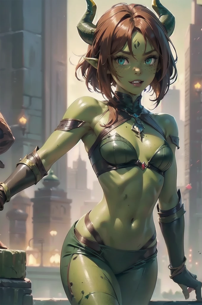 beautiful fantasy woman with green skin, no clothes, short silver hair. dark green skin, goblin girl, fantasy world, green skin, green eyes, green face, green nipples, green lips, hands behind back, standing near a medieval castle, dark orange sunset lighting, small boobs