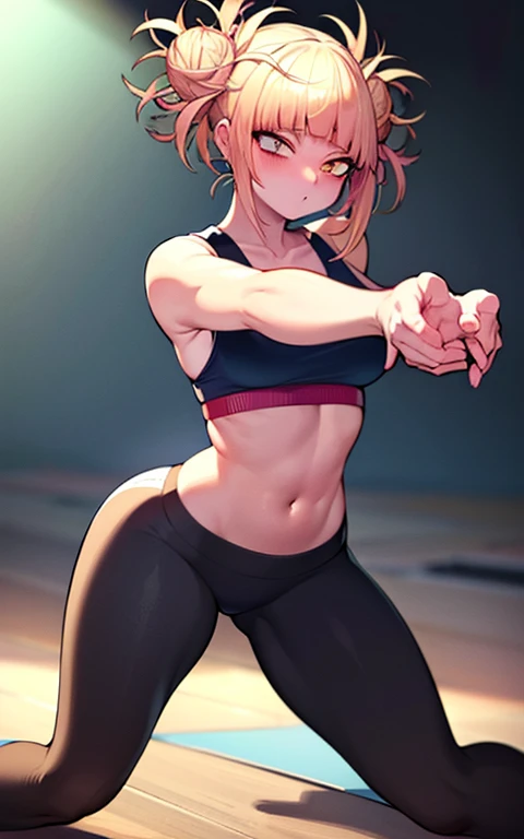 ((unity 16k wallpaper, masterpiece, best quality, ultra-detailed, extremely detailed CG, caustics, cinematic lighting, detailed, beautiful detailed eyes, NSFW: 2.0, 25 years old, dynamic pose、curby)), erotic, sexy, ultra high-definition, ((cleavage)), fine skin, (cute: 1.2), collarbone, ((JPOP idol)), ((attractive)), (sports bra、yoga pants)、vivid、on stomach