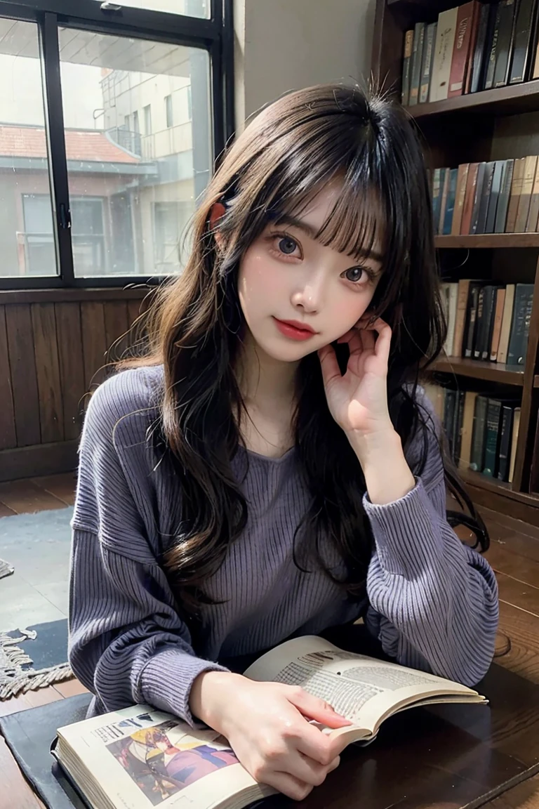 (masterpiece, 1980's anime illustration:1.1), sweet girl with long dark blue hair wearing oversized knit sweater, sitting cross-legged on floor of bookshop, open book in lap, reading intently, surrounded by stacks of old books, afternoon sun streaming in through window, illuminating floating dust in air, creating a cozy atmosphere, detailed old bindings on books, patterned rug on hardwood floor, retro anime style, warm lighting,Blunt Bangs, purple eyes, long dark blue hair