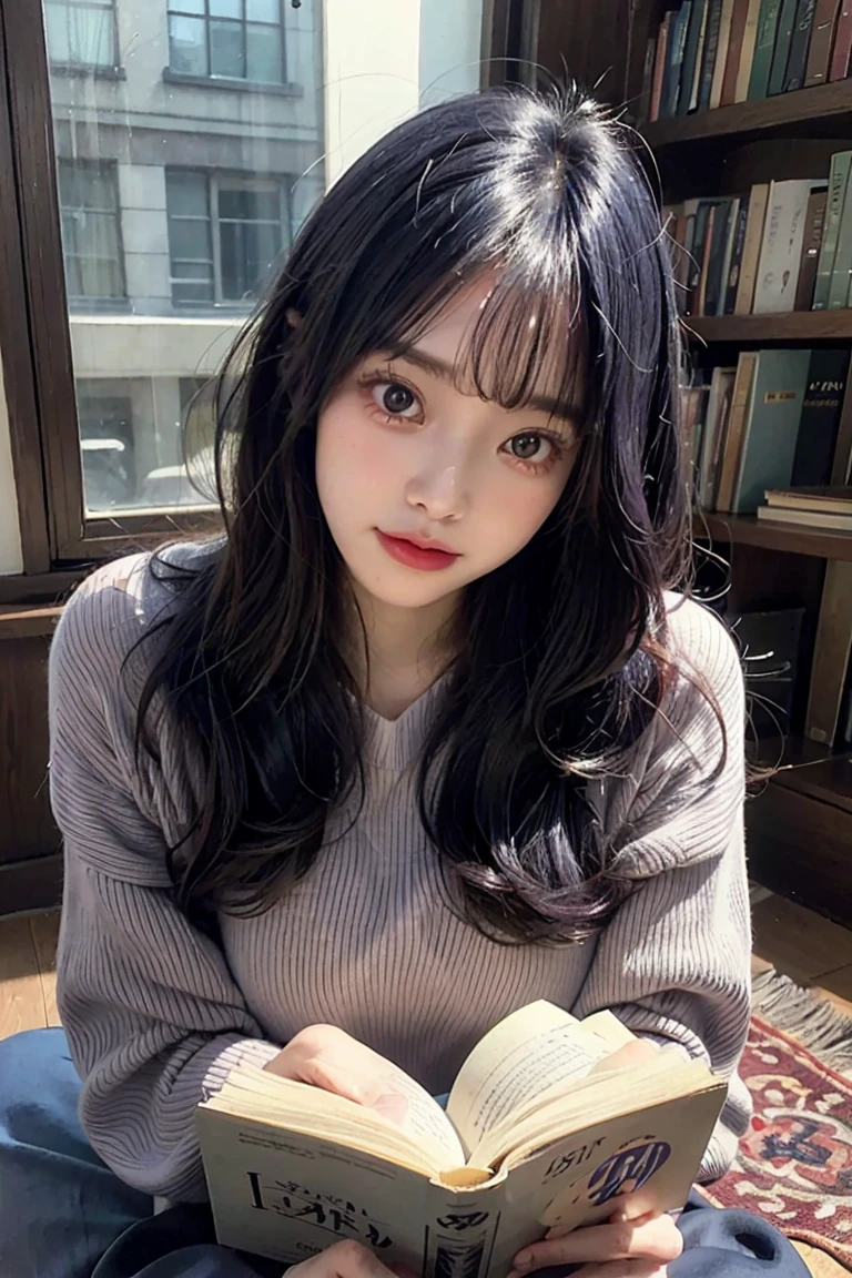 (masterpiece, 1980's anime illustration:1.1), sweet girl with long dark blue hair wearing oversized knit sweater, sitting cross-legged on floor of bookshop, open book in lap, reading intently, surrounded by stacks of old books, afternoon sun streaming in through window, illuminating floating dust in air, creating a cozy atmosphere, detailed old bindings on books, patterned rug on hardwood floor, retro anime style, warm lighting,Blunt Bangs, purple eyes, long dark blue hair