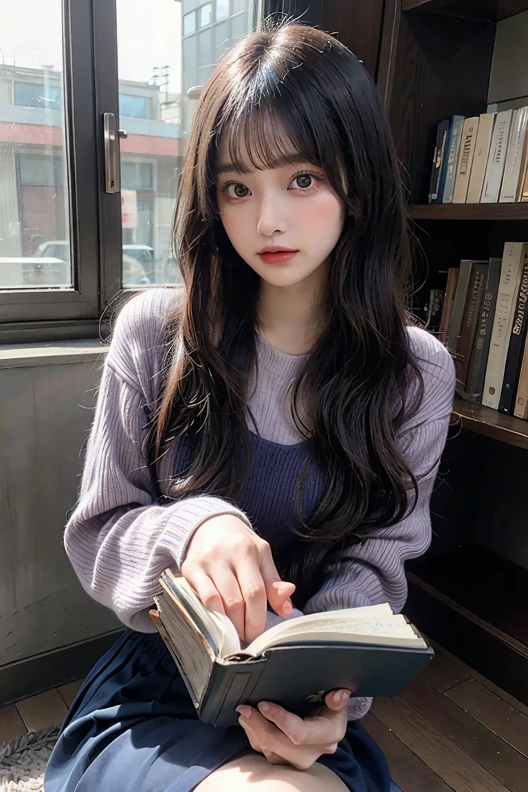 (masterpiece, 1980's anime illustration:1.1), sweet girl with long dark blue hair wearing oversized knit sweater, sitting cross-legged on floor of bookshop, open book in lap, reading intently, surrounded by stacks of old books, afternoon sun streaming in through window, illuminating floating dust in air, creating a cozy atmosphere, detailed old bindings on books, patterned rug on hardwood floor, retro anime style, warm lighting,Blunt Bangs, purple eyes, long dark blue hair