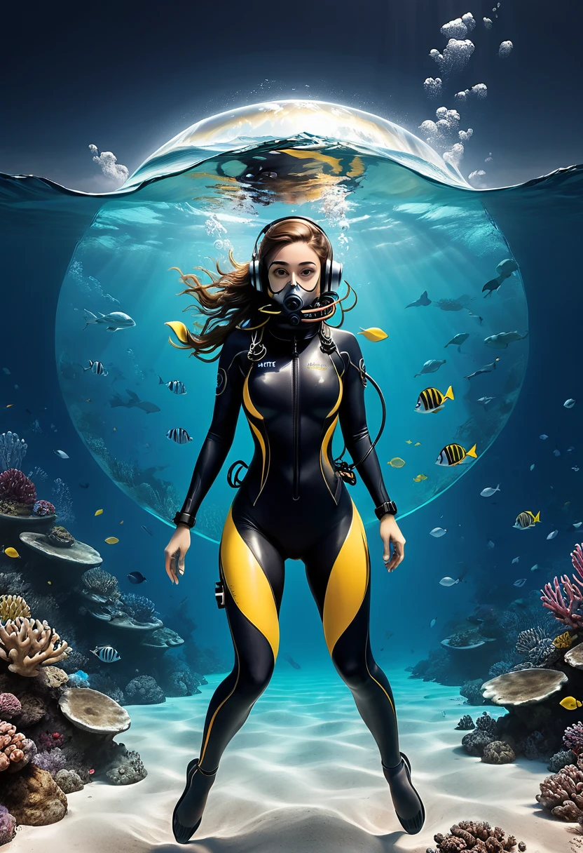 Black vinyl record cover design, minimalism art, Diving girl, Diving suit, (masterpiece, best quality, Professional, perfect composition, very aesthetic, absurdres, ultra-detailed, intricate details:1.3)