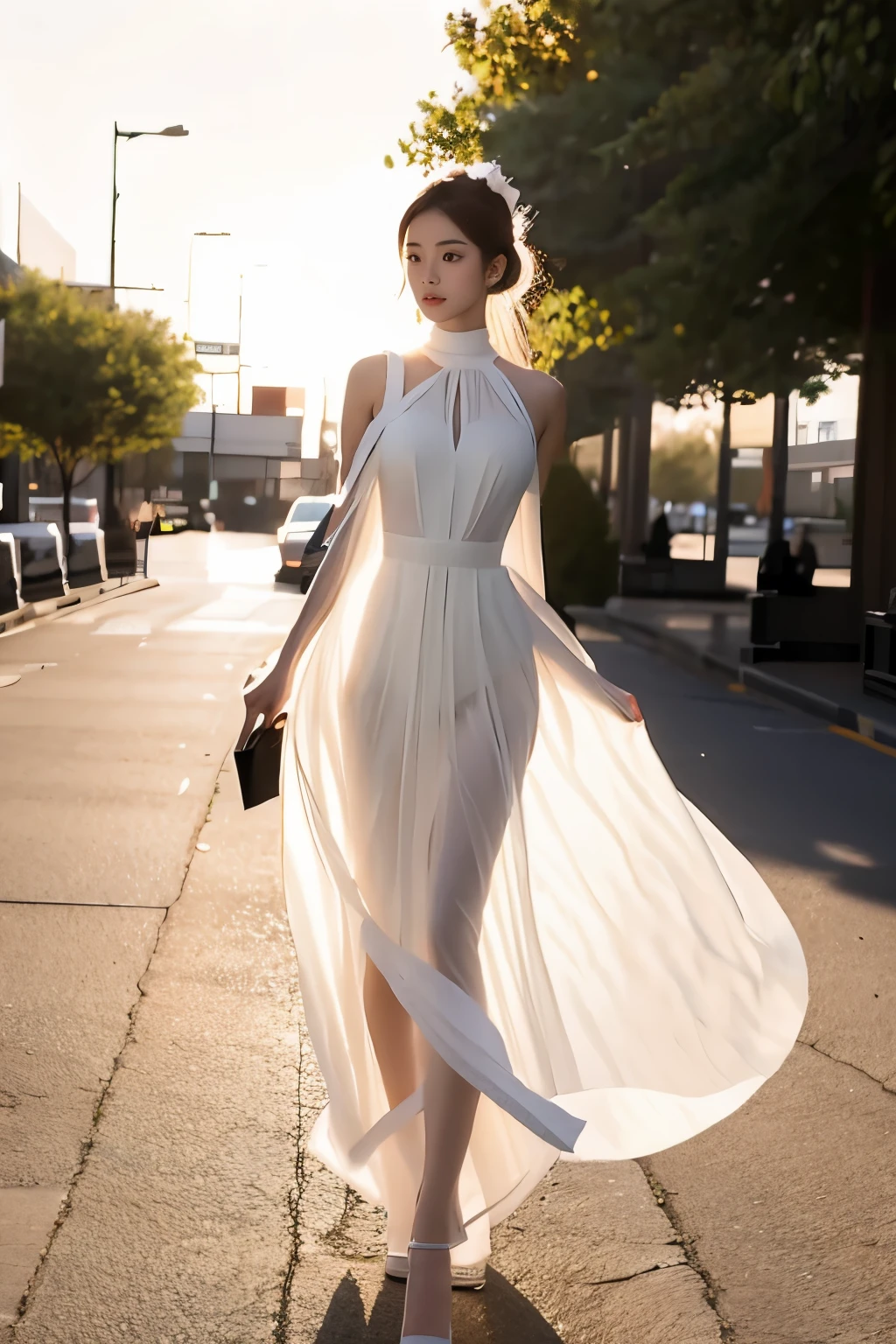 (masterpiece, best quality:1.2), 1girl, solo, delicate face, white-skinned female, see-through silhouette, white dress, full body, outdoor