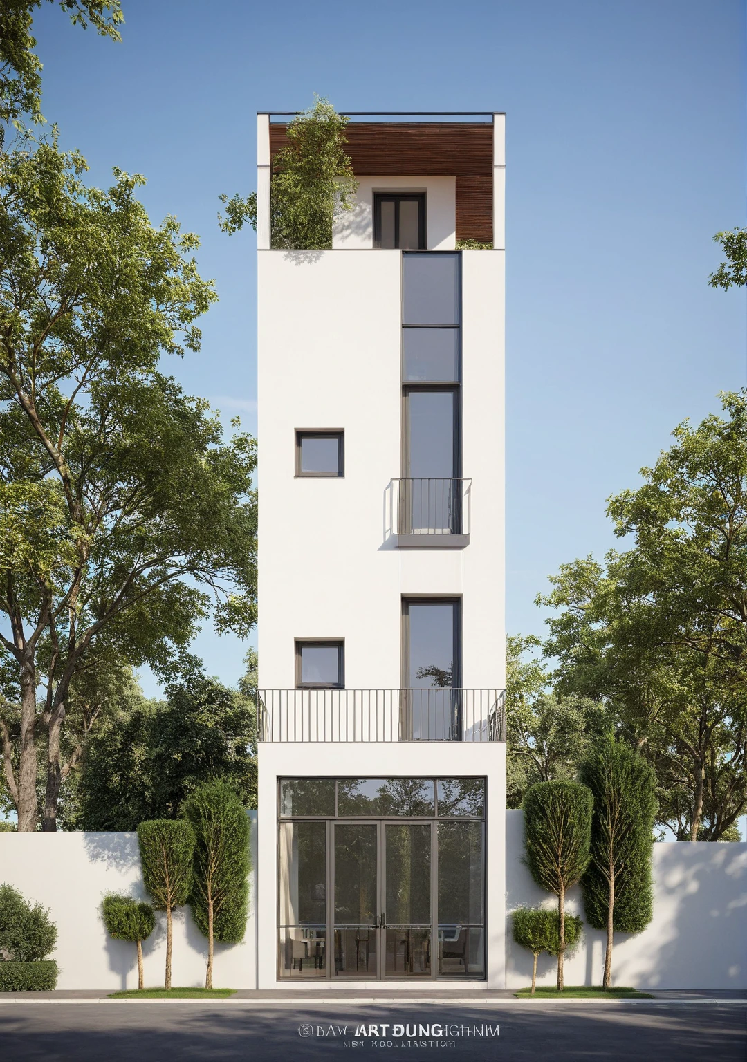 townhouse, (modern style:1.2), exterior design, perspective view, (white wall:1.3), (block sidewalks and asphalt roads), (frontal diagonal roof, roof tiles), (day sky background), Low trees around the house, (the house next door is lower than the subject designer's house), (day light:1.1), (Neutral lighting is suitable for the townhouse, light color thermometer lighting), (architectural design visualization), (reflection), (focus on object), (material normal bump real reflection), (scattered light), (light ray), (multi-beam light), (sunbeam) (multi-level reflection), (chao vantage software visualization render),(((Best Quality))), ((Masterpiece)), ((best illustration)), ((best shadows)), ((Super Detail)), (Intricate lines), (Photorealism),(hyper detail), ((archdaily)), ((award winning design)), (dynamic light), ((day)), spotlight, (perfect light), (shimering light), ((photorealistic)), ((intricate detail)), ((extreme detail)), ((crazy detail)), ((octane render)), ((trending on artstation)), ((High-fidelity)), ((Viwvid)), ((Crisp)), ((Bright)), ((Stunning)), ((Eye-catching)), ((High-quality)),((Sharp))((Bright)), ((Stunning)), ((natural sun environment)), ((Eye-catching)), ((Illuminating)), ((Flawless)), ((High-quality)),((Sharp edge render)), ((medium soft lighting)), ((photographic render)), ((detailed archviz)), ((reality environment)), (modern townhouse design architectural design facade), (modern townhouse facade roof design), (modern townhouse facade wall design), (modern townhouse facade decoration material design) (townhouse facade door and window design modern), (environmental lighting design), (modern townhouse facade lighting design), (modern townhouse front gate and fence design), (tree decoration design for townhouse facade), (Design lights for gate posts and fences), (townhouse facade railing design), (level of photo realism, depends on lighting, materials, composition, Real-Time Rendering, based on chao vantage timage rendering graphics software)