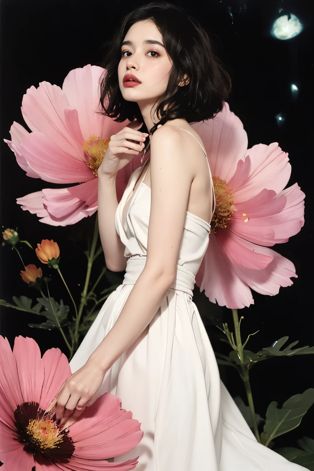 chiaroscuro technique on sensual illustration of an elegant , retro and vintage white dress ,Chocolate Cosmos (Cosmos atrosanguineus) around body, matte painting, by Hannah Dale, by Harumi Hironaka, extremely soft colors, vibrant, pastel, highly detailed, digital artwork, high contrast, dramatic, refined, tonal, golden ratio,