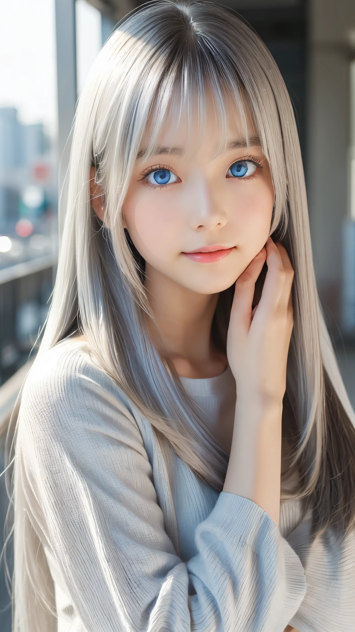 Shining, clear, white skin、Her windblown silver hair hides her beautiful face.、huge、28 years old cute sexy little beautiful face、Beautiful straight hair that stands out、growing up, Sparkling light blue eyes、long silky bangs that cover cute eyes, Sexy and cute young woman with super long hair hiding her sexy face、super long silver hair