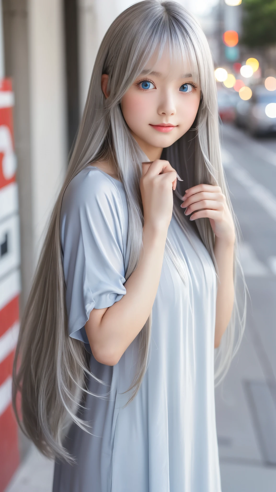 Shining, clear, white skin、Her windblown silver hair hides her beautiful face.、huge、28 years old cute sexy little beautiful face、Beautiful straight hair that stands out、growing up, Sparkling light blue eyes、long silky bangs that cover cute eyes, Sexy and cute young woman with super long hair hiding her sexy face、super long silver hair