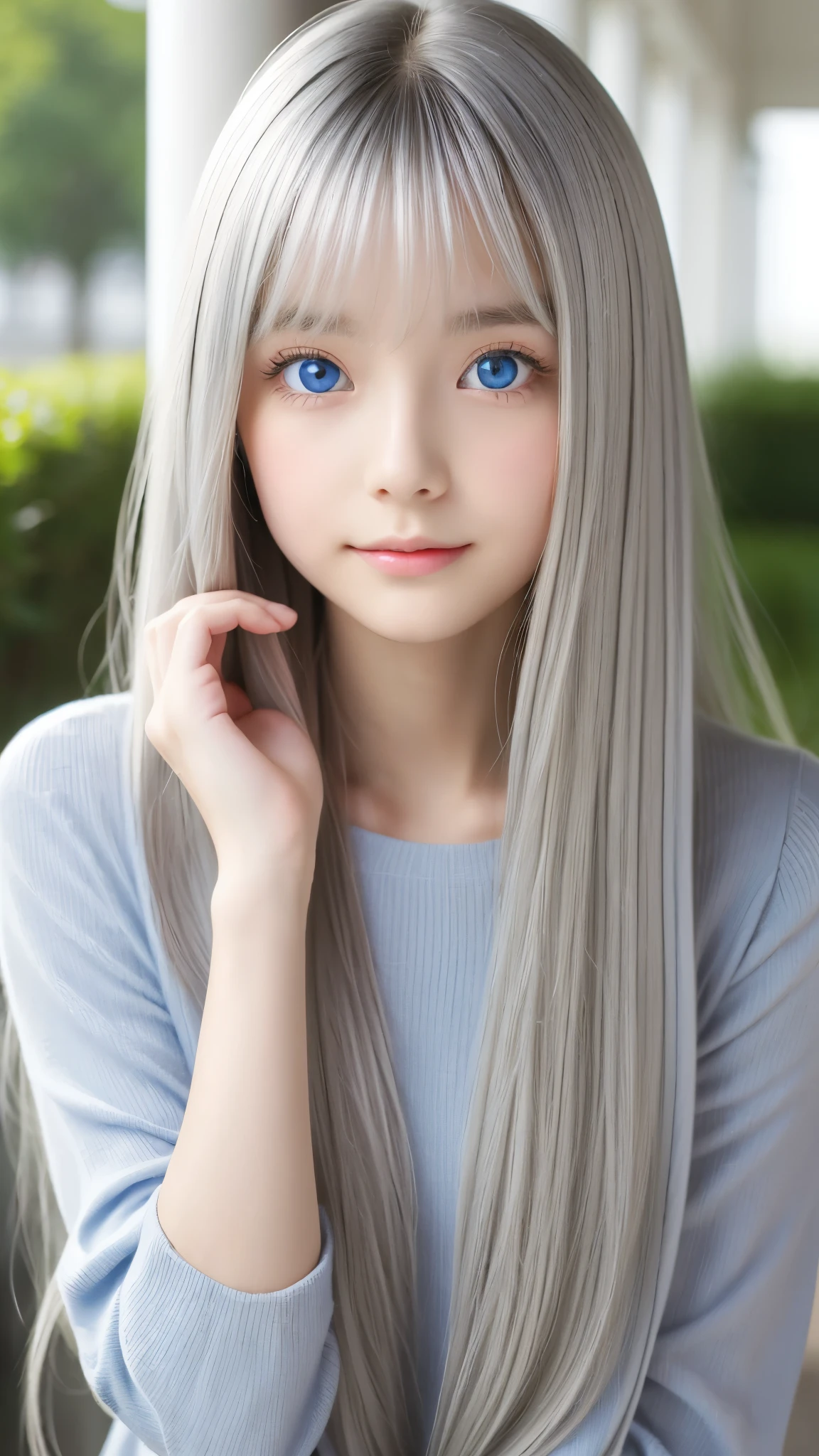 Shining, clear, white skin、Her windblown silver hair hides her beautiful face.、huge、28 years old cute sexy little beautiful face、Beautiful straight hair that stands out、growing up, Sparkling light blue eyes、long silky bangs that cover cute eyes, Sexy and cute young woman with super long hair hiding her sexy face、super long silver hair