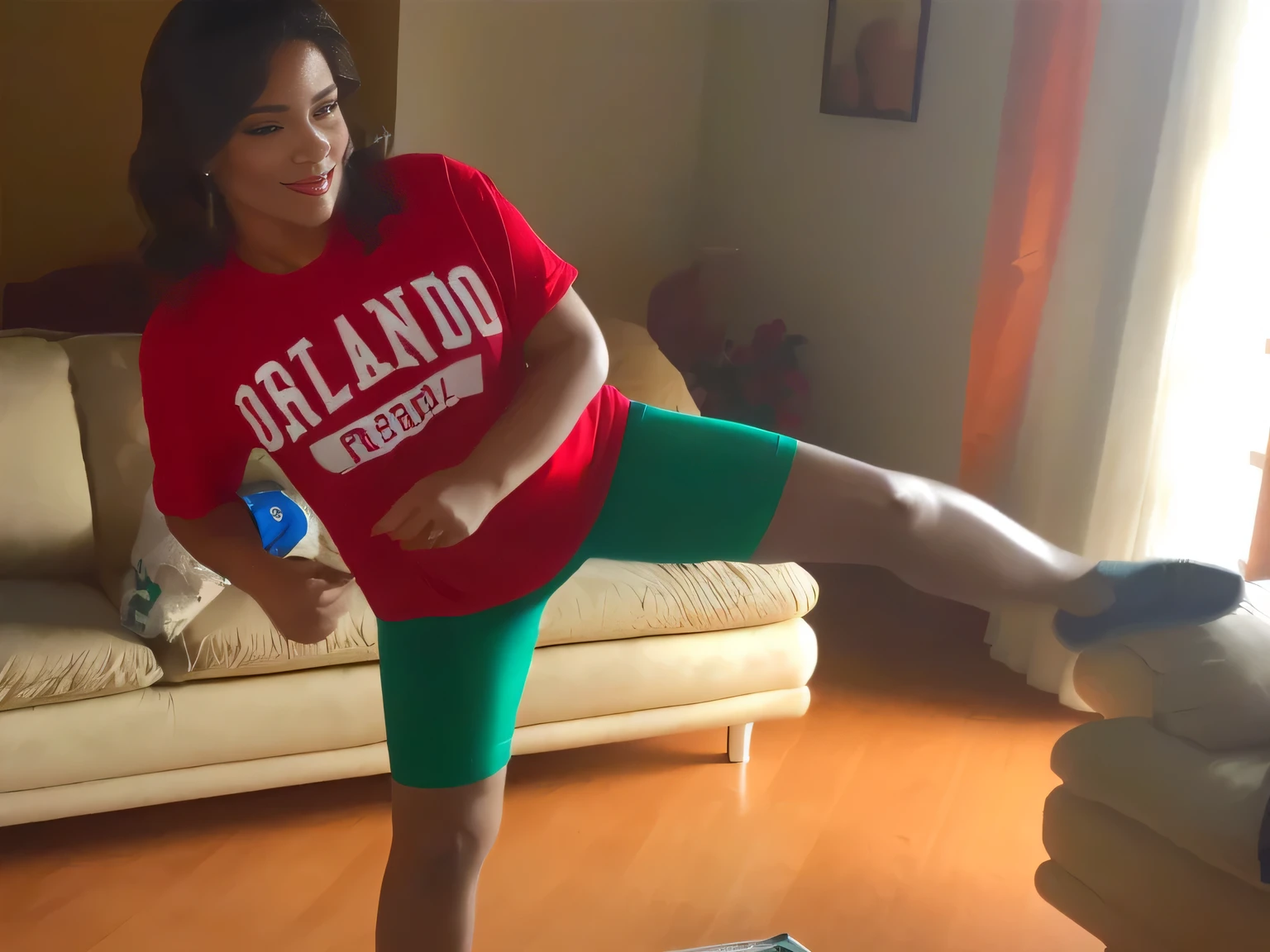 there is a woman in a room, in front of a beige sofa, wearing green shorts and a red t-shirt, she is facing the camera. Slim woman with thin waist. Her body exudes glamor and her face is the definition of beauty. Test, highly realistic, reddish skin, beautiful, slightly full lips, red lipstick, feeling of lightness and joy, hyper-realism, very elaborate skin, direct look. Full body photo, clear and high quality photo. Beautiful woman, extremely sexy, very sensual. Masterpiece: 1.3, high resolution, (photographically realistic), 8k, NUDE, NUDITY, NFSW.