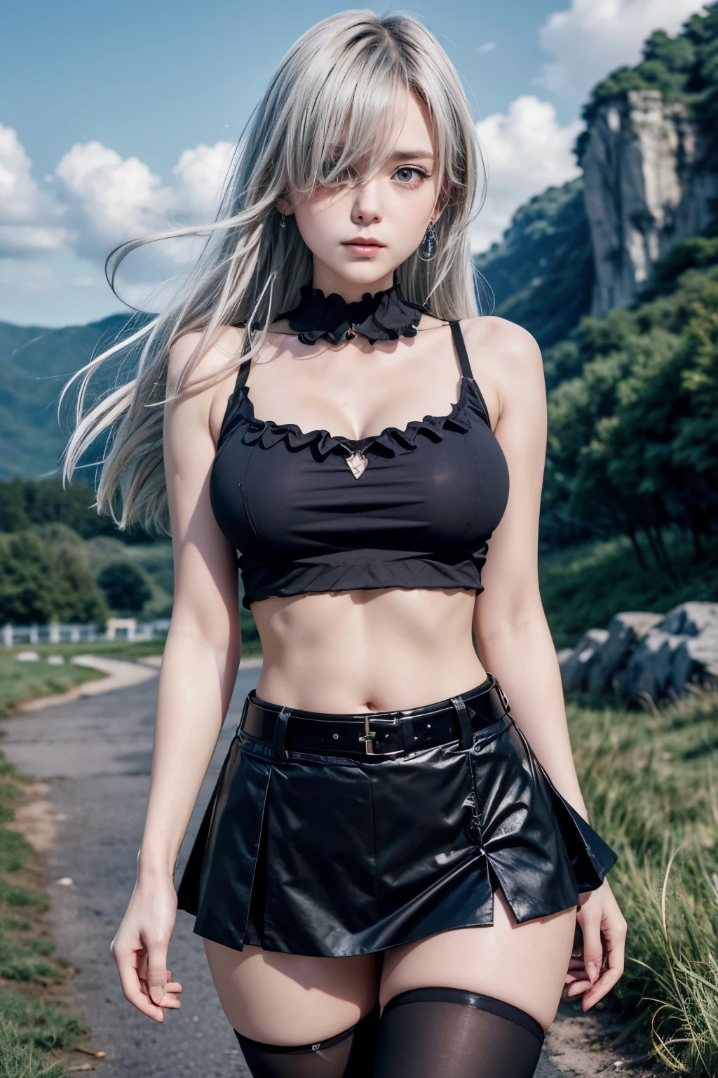 ((face portrait)), masterpiece, best quality, highres, Elizabeth, 1girl, jewelry, single thighhigh, silver hair, hair over one eye, midriff, black skirt, asymmetrical legwear, pink shirt, sleeveless, black thighhighs, belt, landscape background, standing, portrait