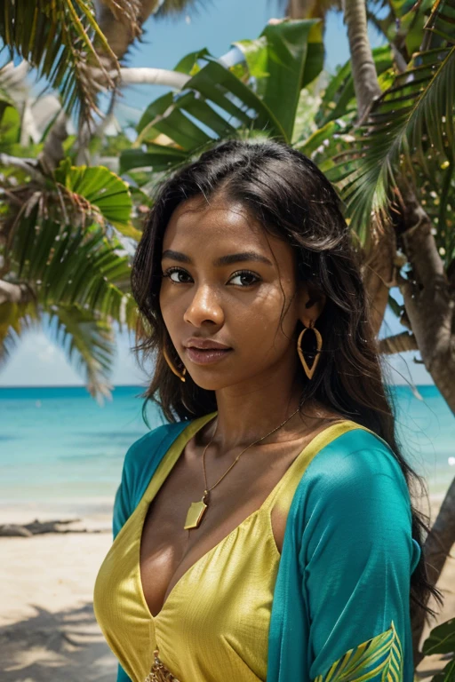 "African woman, gorgeous and well-proportioned, dark skin, standing, wearing a Senegal football jersey in the colors of green, yellow, and red with a star on the , curvy figure, extremely beautiful detailed eyes, beautiful detailed lips, natural and voluminous hair, adorned with ethnic gold jewelry, tropical atmosphere, joyful expression, vibrant sunlight, exotic landscape with fine sandy beach, turquoise sea, and lush palm trees. (best quality, highres, ultra-detailed), vivacious colors, tropical lighting."

Notice：
1. Tags have been sorted from high to low in order of importance。
2. tag describes the appearance of a female theme：color、Body Type、Facial features（Eye、Lips、face）、hair，And the accessories they wear。
3. tag describes the background scene of the picture：Tropical atmosphere、sunny、Delicate sandy beach、Clear blue waters、Dense palm trees。
4. Image Quality、Color saturation and lighting are described，To improve the quality and effect of image generation。