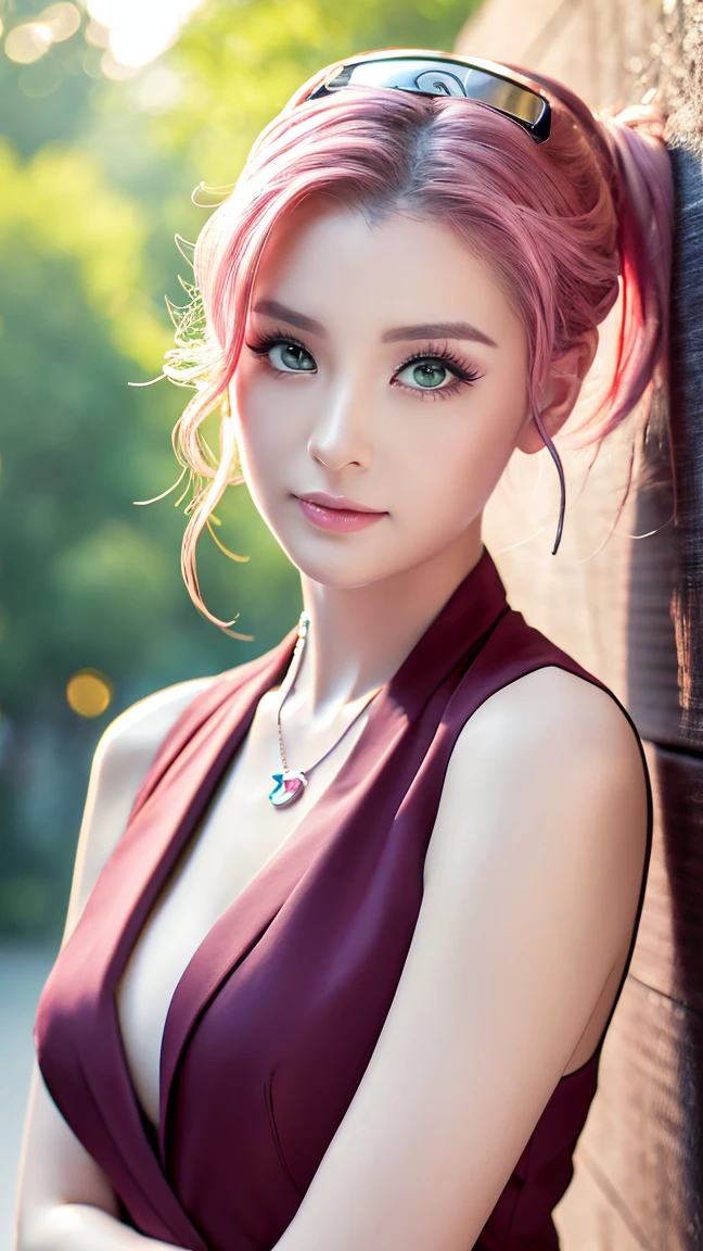 1 girl, 最high quality, masterpiece, High resolution, Pink Ponytail,Green Eyes、((Casual Suits))、(((whole body)))、Big Breasts、Cleavage, necklace(Naruto forehead protector around neck), jewelry, Beautiful Face,、I&#39;m looking forward to, whole bodyビュー, Realistic, Outdoor, modern square, Two-tone lighting, (Skin with attention to detail: 1.2), 8K Ultra HD, Digital SLR, Soft Light, high quality, Volumetric Light, Frank, photograph, High resolution, 4K, 8k, Background Blur