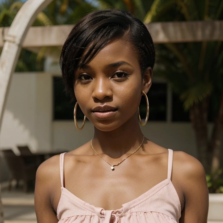 Young black west African girl with very short cut hair, who wears a decent pink summer dress that looks great on her skin. She also has beautiful little earrings and a little necklace. C’est une influenceuse youtubeuse. Elle aime la mode.