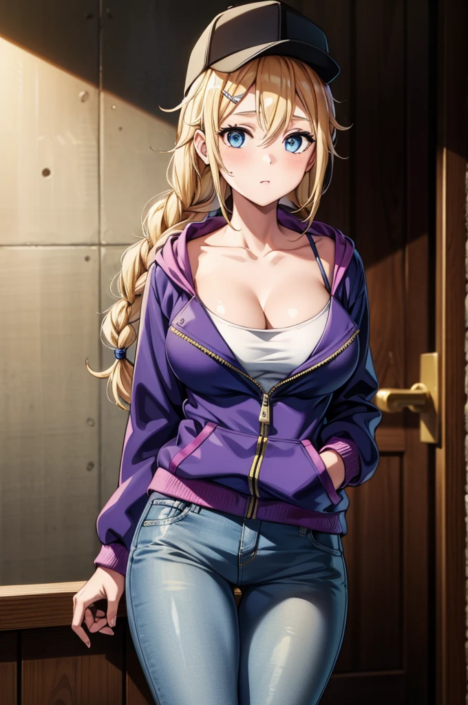 drawing of a young woman with blonde hair wearing blue jeans and a jacket, 1girl, solo, blonde hair, hat, breasts, blue eyes, braid, black headwear, cleavage, hair ornament, looking at viewer, collarbone, ass visible through thighs, baseball cap, jacket, long sleeves, hood, hairclip, v, long hair, purple jacket, blush