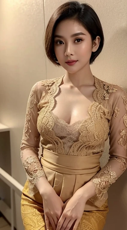 1 Indonesian girl, 25 years old, short fashion hair, slim body, medium cleavage, skintight beige lace kebaya, batik mini skirt, masterpiece, highly detailed, ultra hd, 8k, detailed face, bright eyes, perfect eyes, detailed skin texture, detailed lips, sexy lips, perfect hands, dynamic poses, dynamic angle