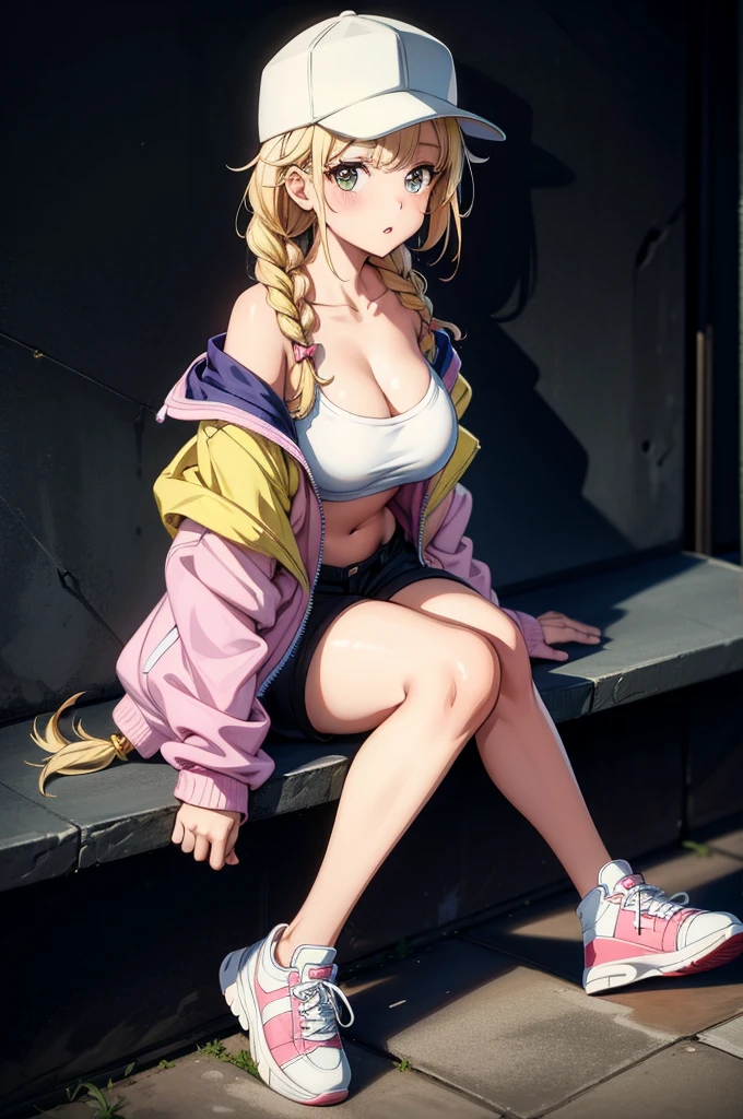 a video clip a cartoon woman is sitting there dressed in skimpy clothes, 1girl, solo, breasts, jacket, hat, braid, sitting, blonde hair, navel, open clothes, shorts, pantyhose, cleavage, off shoulder, shoes, hair ornament, open jacket, long hair, hairclip, collarbone, looking at viewer, shadow, parted lips, large breasts, white footwear, twin braids, sneakers, baseball cap, short shorts, blush