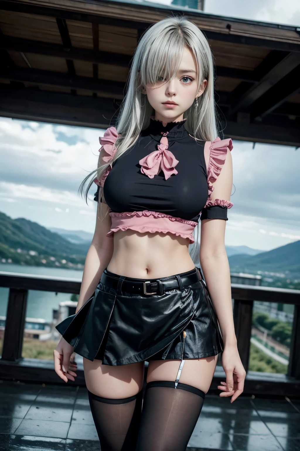masterpiece, best quality, highres, Elizabeth, 1girl, jewelry, single thighhigh, silver hair, hair over one eye, midriff, black skirt, asymmetrical legwear, pink shirt, black thighhighs, belt, miniskirt, landscape, standing, standing, portrait, upper body