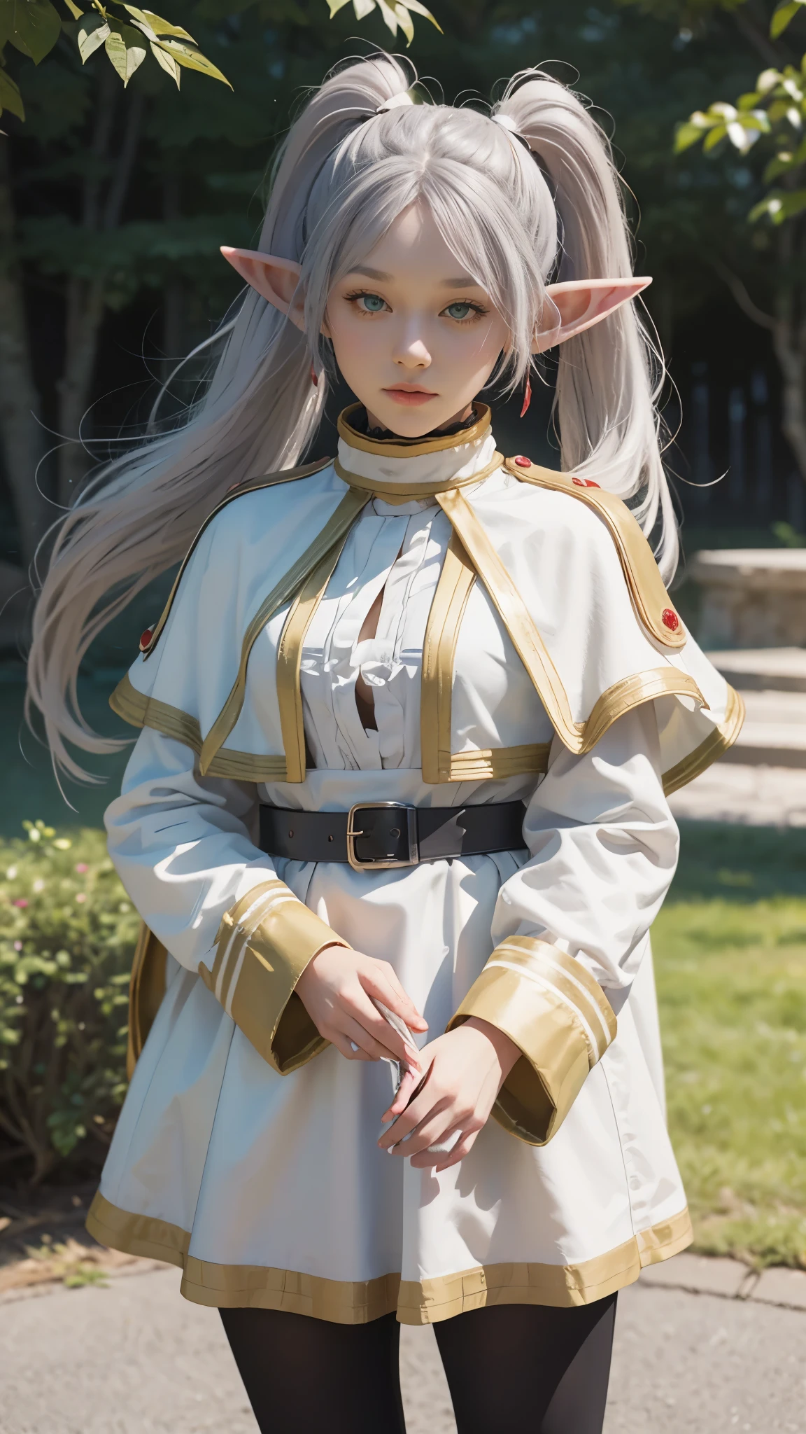 8k, high quality, High resolution, Realistic, Attention to detail, Highly detailed face, ((masterpiece)),
((Freeze Base)), Beautiful girl, (Flat body), Fairy, Pointed Ears, Gray Hair, (Long twin tails), Green Eyes, staff,
White Capelet, Striped shirt, White Skirt, Long sleeve, belt, Black Pantyhose, White Cape, magic, magic circle, (Shabby ruins), Medieval village, Attractive pose,魔導書を持ってmagicを唱える