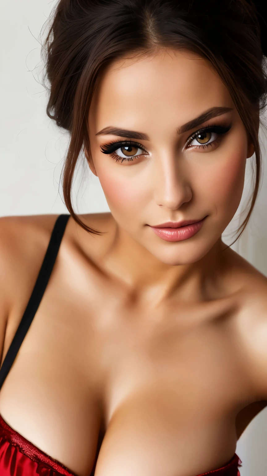 Latin American beautiful woman, 18 Jahre alt dunkles Make-up, hyperdetaillierte Fotografie, Sanftes Licht, dunkles Make-up,, best quality, (detailed beautiful face, Detail der Hautstruktur, ultra-detailed body:1.1),, riesige perfekte Brust, ((nackte perfekte Brust)),,, helle Dame, reifen, braune dunkle Augen, helle Dame