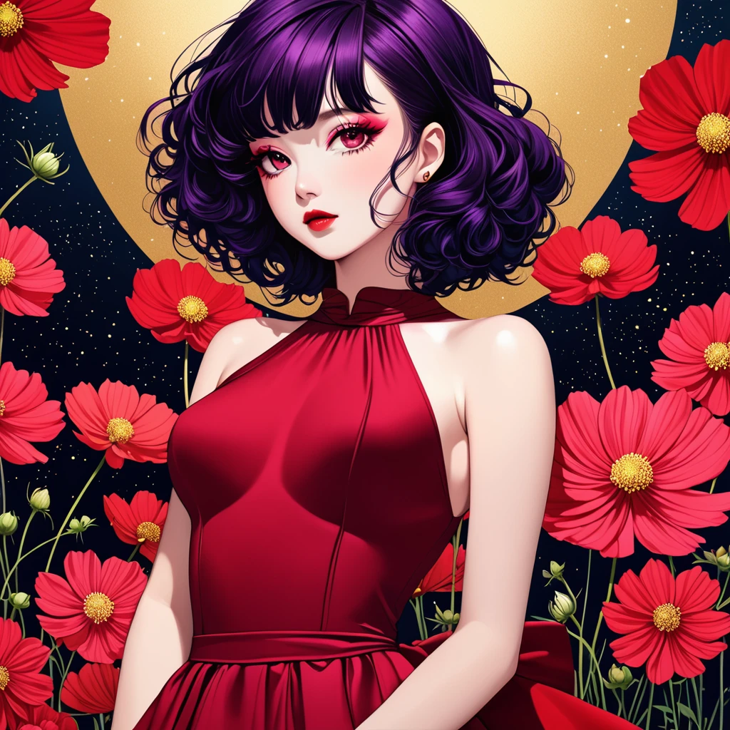 chiaroscuro technique on sensual illustration of an elegant , retro and vintage crimson dress ,Chocolate Cosmos (Cosmos atrosanguineus) around body, matte painting, by Hannah Dale, by Harumi Hironaka, extremely soft colors, vibrant, pastel, highly detailed, digital artwork, high contrast, dramatic, refined, tonal, golden ratio,
