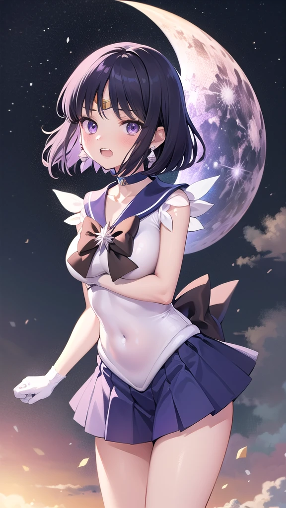 (masterpiece, highest quality: 1.2), alone, 1 girl, sailor saturn, Magical girl, shut up, look at the audience, put your hand on your waist, sailor warrior uniform, pleated skirt, elbow bag, jewelry, (((brooch)), collar, purple eyes, space background universe, milky way, whole body, distance composition, ((small purple flowers)),((white panties:1.3))